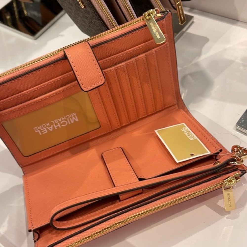 Michael Kors Jet Set Travel Leather Large Double Zip Wallet Wristlet Sherbert - Picture 4 of 16
